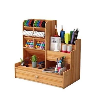 Imagem de Mini Organizador de Mesa em Madeira com Gavetas – Porta-Canetas Grande Capacidade para Escritório, Papelaria e Decoração