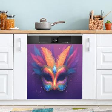 Imagem de ATTX Máscara colorida Mardi Gras capa magnética para lava-louças | Adesivo decorativo de eletrodomésticos de 58 x 66 cm para armários domésticos e eletrodomésticos (144)