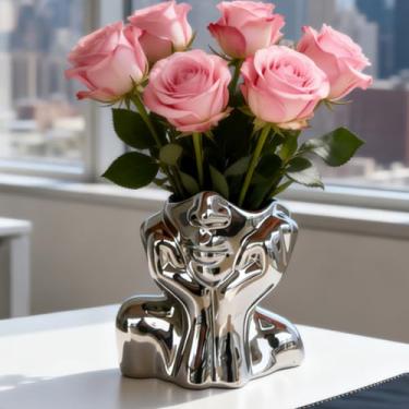 Imagem de Vaso de cerâmica prata para rosto humano, vaso decorativo de postura tímida, vasos de arte decorativa prata moderna