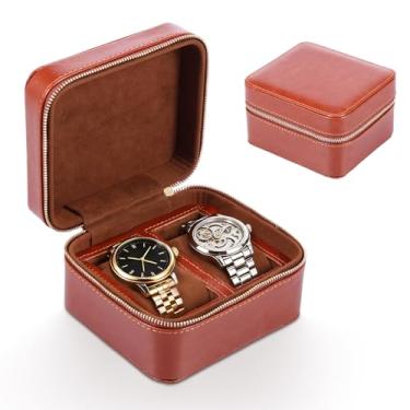 Imagem de Estojo de viagem para relógio com 2 compartimentos para homens e mulheres, caixa protetora compacta de couro PU com interior de microvelour, travesseiros removíveis e divisórias sólidas para