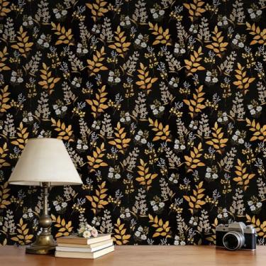 Imagem de practicalWs Papel de parede floral descasque e cole papel de parede preto vintage folha dourada papel de contato 44,5 cm x 500,4 cm envoltório de vinil autoadesivo boho removível para quarto e