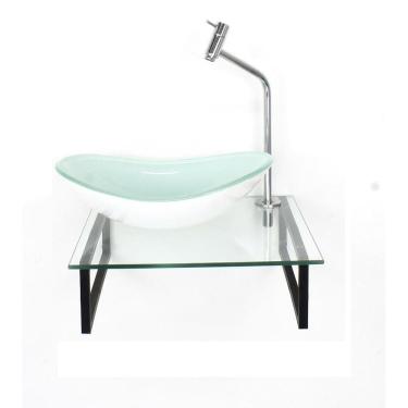 Imagem de Kit Cuba Vidro Oval 10Mm Branca Tampo 40Cm Incolor Suporte