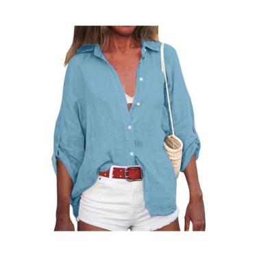 Imagem de Camisa Casual Solta De Verão Em Algodão E Linho Com Decote Em V E Mang