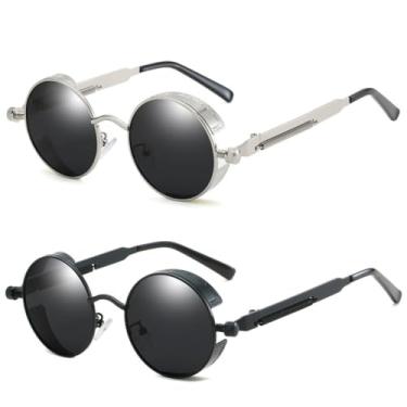 Imagem de KIT 2 Óculos de sol de Steampunk Masculino Design Retrô Redondo Vintage UV400