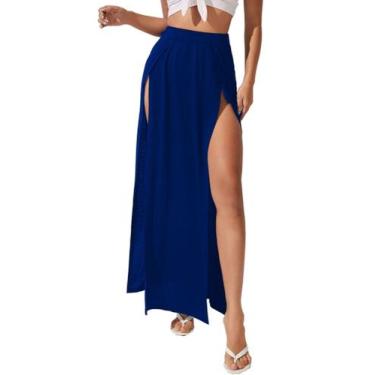 Imagem de Saia Feminina fendas laterias Cintura alta Tribo Livre, Azul royal, PP