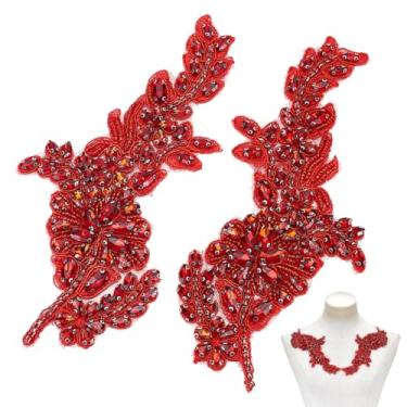 Imagem de NBEADS 2 peças de patch de faixa de strass, 19,8 x 9,8 cm, aplique floral 3D com contas costuradas na faixa de cristal para cinto de noiva, vestido formal, formatura, estola algo, vermelho