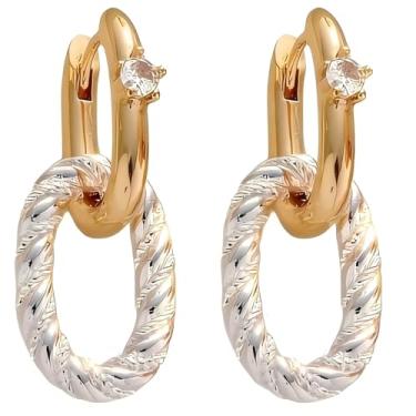Imagem de WARIDAR Brincos de argola dupla de 30 x 20 mm, banhado a ouro 18K, vintage, corrente torcida | Argolas hipoalergênicas com pingente de zircônia cúbica multidesgaste | Brincos engenhosos de tamanho