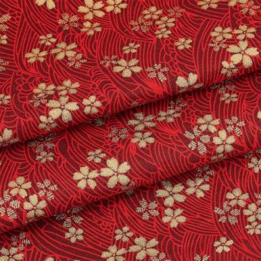 Imagem de OLYCRAFT Tecido de algodão japonês vermelho 1,1 jarda 58,3 polegadas Sakura Quilting Pacotes de tecido dourado flores de cerejeira design ondas padrão de algodão pacotes de tecidos para bolsa toalha