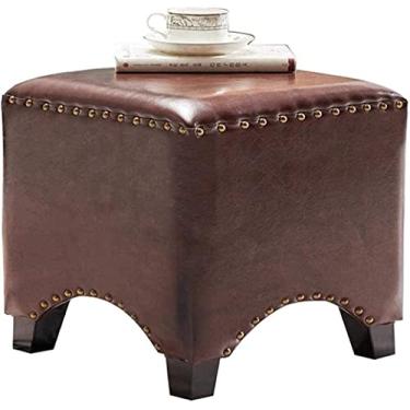 Imagem de Espreguiçadeira quadrada de madeira feita à mão para mesa de café e maquiagem com cera de óleo artificial, capa de couro azul para decoração de casa - banquinho para pés