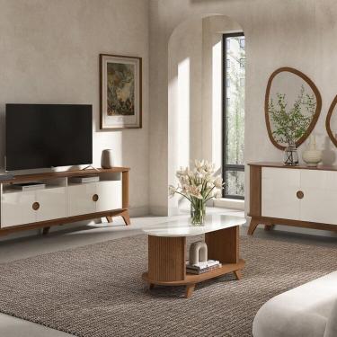 Imagem de Conjunto Sala de Estar Mesa de Centro e Buffet e Rack Vivaldi e Espelhos Orgânico Cinamomo / Off White