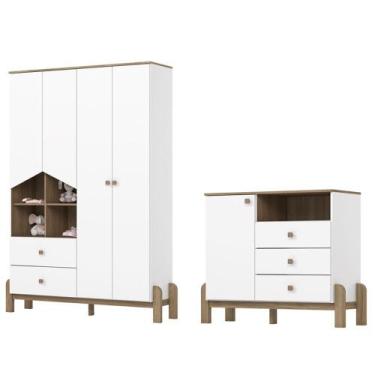 Imagem de Guarda Roupa 4 Portas e Comoda 3 gavetas Ternura Henn, Branco Jequitib