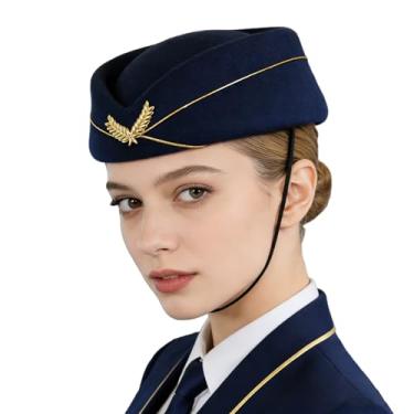 Imagem de Chapéu de comissária de bordo para mulheres, chapéu de aeromoça, boina, acessório de uniforme de companhia aérea, fantasia de cosplay de Halloween, Azul marinho, tamanho �nico