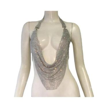 Imagem de Top Feminino Brilhante Com Strass, Sem Costas, Decote Halter, Decote V
