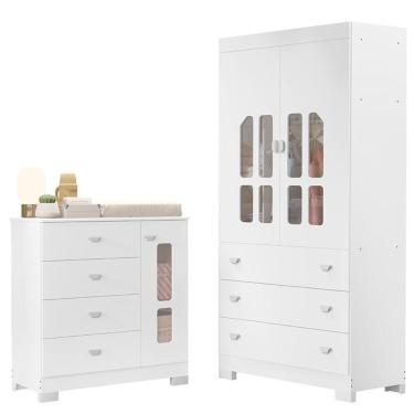 Imagem de Guarda Roupa e Cômoda Infantil New Katatau 2 Portas 3 Gavetas 100% MDF Branco Acetinado Reller Móveis