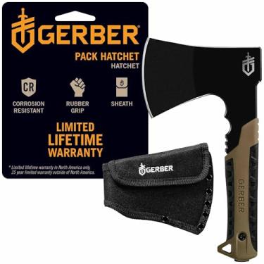 Imagem de Machadinha Gerber Gear com lâmina de aço de 9 cm full tang - Equipamento de sobrevivência, para mata e acampamento - Com bainha de nylon pendurável - Marrom