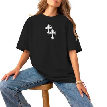 Imagem de Blusa Feminina Plus Size Basica Casual Estampada Algodão 30.1 Confortável Estilo Cruz Cruz White-Feminino