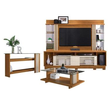 Imagem de Estante Home Theater com Pés e Aparador com Mesa de Centro Frizz Gold Naturale Off White – Madetec