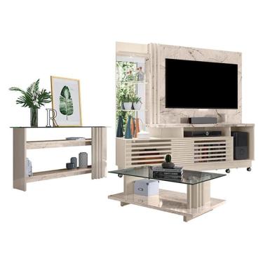 Imagem de Estante Home Theater com Rodízios e Aparador com Mesa de Centro Frizz Plus Calacata Off White – Madetec