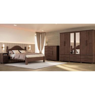Imagem de Conjunto Quarto Ouro: Guarda-Roupa 6 Portas, Cama Queen, Cômoda Sapateira e 2 Mesas Cabeceiras Café Madeira Pinus