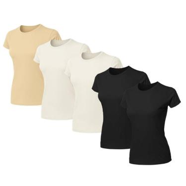 Imagem de Kit 5 Blusas Feminina Camiseta Lisa Básica Algodão Baby Look-Feminino