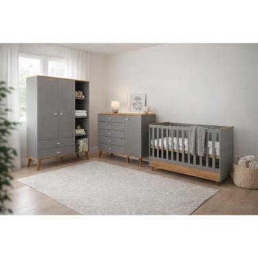 Imagem de Conjunto Infantil Ternura Berço 2 em 1 Guarda Roupa 3 Portas Cômoda 5 Gavetas MDP Azul Bartira Móveis