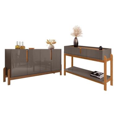 Imagem de Kit Buffet e Aparador Lizz Moderno 4 Portas 2 Gavetas MDF Cinza Perola Cedro Casa D Móveis