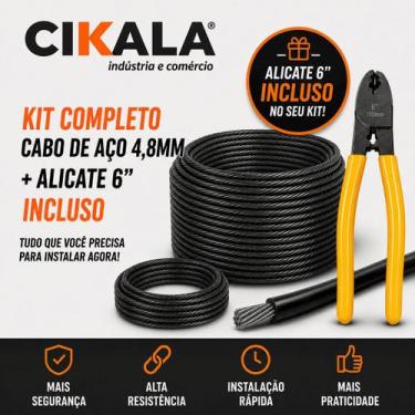 Imagem de Kit Cabo de Aço 4,8mm 500 Metros Revestido Preto Flexível e Alicate 6 