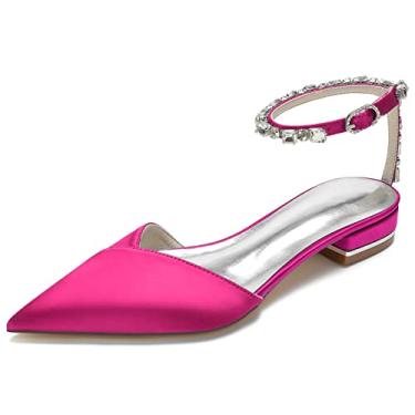 Imagem de Sandálias femininas de cetim com tira no tornozelo sem pedrarias de strass conforto salto baixo D Orsay, rosa, 8.5