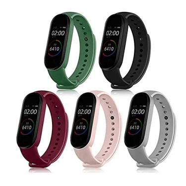 Imagem de Pacote Kit 5 Pulseiras Extras Cores Vivas Silicone Compatível com Mi Band 7 (Preto+Rosa-claro+Vinho+Verde-militar+Cinza)