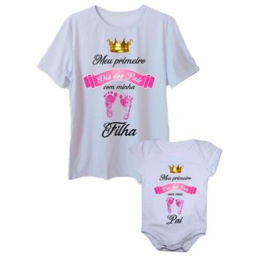 Imagem de Camiseta Adulta Primeiro Dia Dos Pais Com Body De Bebê Pezinho Rosa -