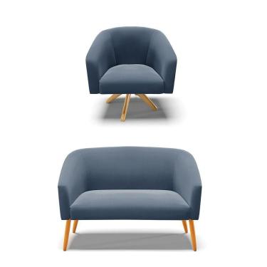 Imagem de Kit 1 Namoradeira E 1 Poltrona Base Madeira Azul Marinho