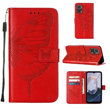 Imagem de Capas de telefone borboleta em relevo compatíveis com Motorola Moto E22 4G E22i Capa de couro com slots de cartão impressos clipe de carteira para telefone comercial (vermelho, Moto E22i)