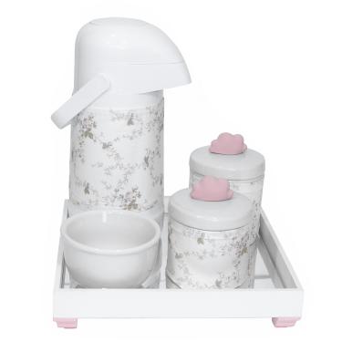 Imagem de Kit Higiene Espelho Potes, Garrafa, Molhadeira e Capa Nuvem Rosa Quarto Bebê Menina