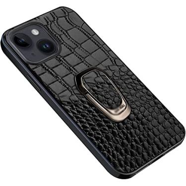 Imagem de RAYESS Capa para iPhone 14 com suporte de anel, textura clássica de crocodilo couro genuíno TPU silicone capa protetora fina híbrida para iPhone 14 (Cor: Preto)