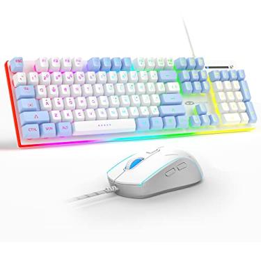 Imagem de MageGee Combo de teclado e mouse para jogos, teclado de escritório com membrana retroiluminada RGB verdadeiro, painel de metal de 104 teclas, teclado com fio silencioso USB para laptop Windows, PC - Branco/Azul