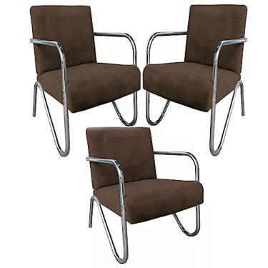 Imagem de Kit 4 Poltronas Marrom Em Suede Para Sala de Espera Recepção Com Braços Cromados Decorativa Confortável