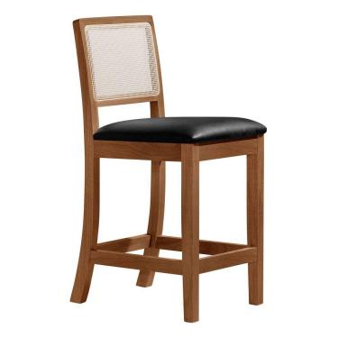 Imagem de Banqueta Alta Luxo em Tela Sextavada Assento Estofado Couro Pu Preto Rubi Madeira Maciça Imbuia