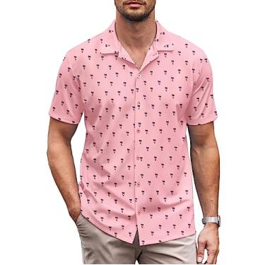 Imagem de COOFANDY Camisa masculina casual de botão de manga curta sem rugas camisa de verão, Palmeira rosa laranja, 4G