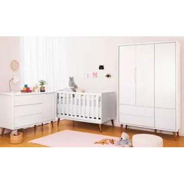 Imagem de Kit Quarto Infantil Retrô Theo Branco Fosco - Berço + Cômoda com Porta + Guarda-Roupa