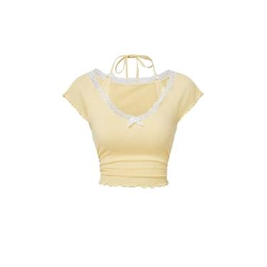 Imagem de RoseSeek Camiseta feminina de verão, manga curta, acabamento em renda, nó de laço, caimento justo, frente única, malha canelada, Amarelo, P