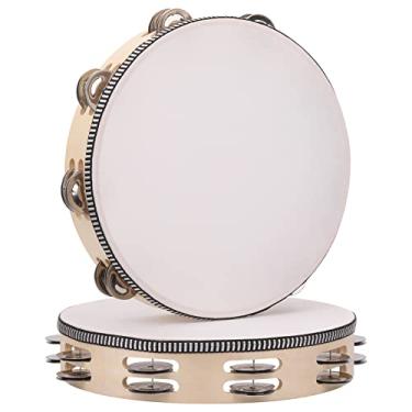 Imagem de Pandeiro de fileira dupla de 25,4 cm para adultos, pandeiro de madeira de bambor portátil com jingles de metal, instrumentos musicais de percussão pandeiro de mão para igreja, KTV, festa