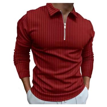 Imagem de Camisa polo masculina estampa listrada meia frente zíper pulôver cor sólida manga longa slim fit, Vinho tinto, 3G