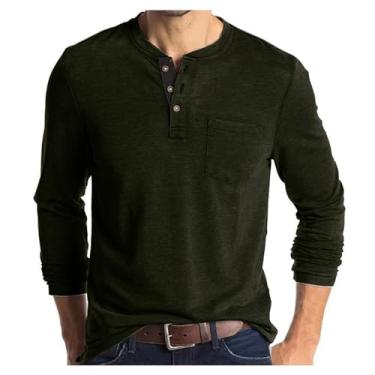Imagem de Camisetas masculinas casuais com bolso de cor sólida manga comprida com botões atléticos para treino urbano, Verde militar, G