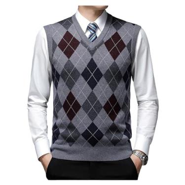 Imagem de Suéter masculino de malha com estampa de losango, gola V, suéter com borda canelada, Cinza-claro, 3G