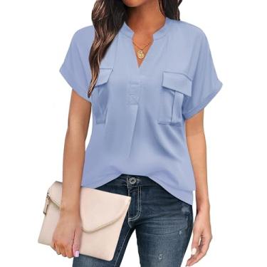 Imagem de Blusas femininas elegantes casuais com gola V e manga curta para trabalho de verão blusa de chiffon cor sólida, Azul, P
