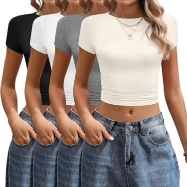 Imagem de Huukeay Pacote com 4 camisetas femininas de manga curta, gola canoa, justas, justas, camisetas justas, básicas para treino, Branco, creme, cimento, preto, P