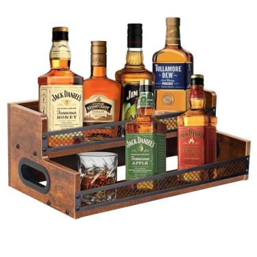 Imagem de Prateleira de exibição de garrafa de licor, organizador de xarope de café, rack de vinho de 2 degraus, organizador de estação de café de 10 garrafas com cercas e alças, suporte de prateleira de bar