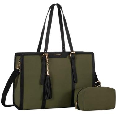 Imagem de LOVEVOOK Bolsa de laptop feminina de lona leve de 15,6 polegadas, bolsa de computador de grande capacidade com bolsa clutch para negócios, trabalho, escritório, viagens, escola (preto e verde, 15,6 polegadas)