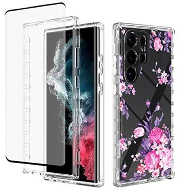Imagem de Zoeirc Capa para Galaxy S23 Ultra, Capa S918U com protetor de tela de vidro temperado, capa macia 360 à prova de choque híbrida transparente para Samsung Galaxy S23 Ultra 5G (flor rosa)