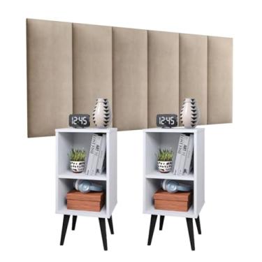 Imagem de Kit 2 Mesas Brancas Retro Pés Palito E Cabeceira Bege Suspensa Estofada Suede Cama Box Tipo Painel (Queen)